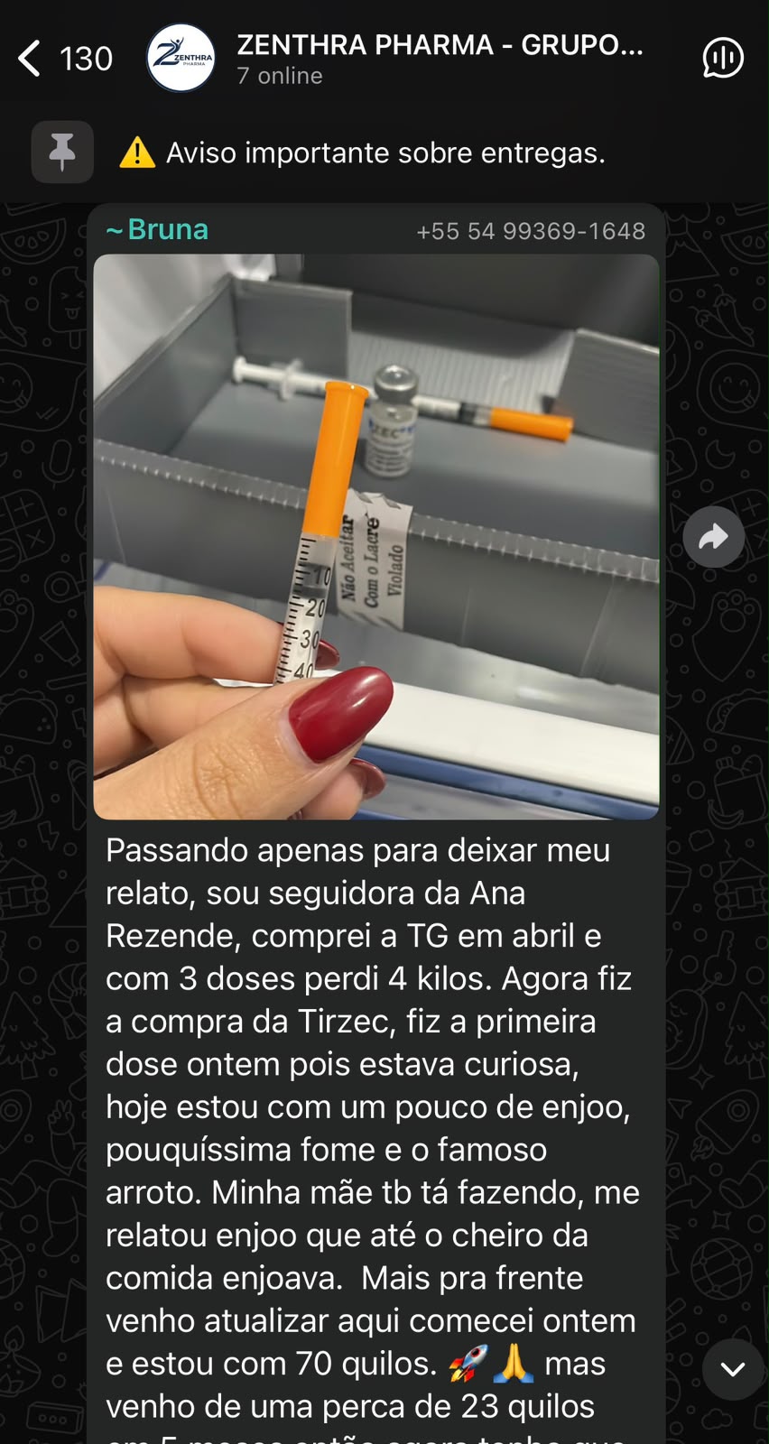 Print real de depoimento de cliente Zenthra no WhatsApp